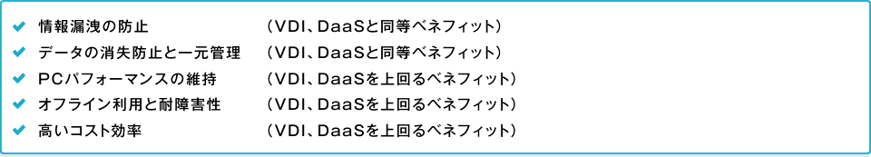 情報漏洩の防止 データの消失防止と一元管理 PCパフォーマンスの維持 オフライン利用と耐障害性 高いコスト効率